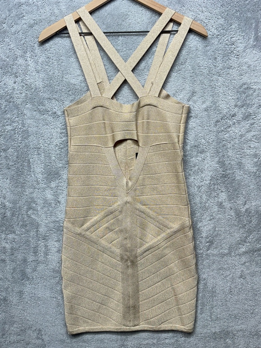 Bebe Gold Bandage Dress Medium Strappy Back Bodycon Metallic Cocktail Party Y2K - Picture 2 of 10